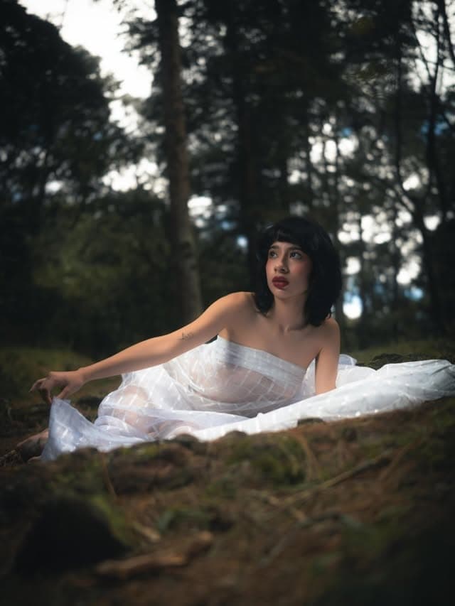 Modelo con vestido blanco translúcido sentada en el bosque al anochecer